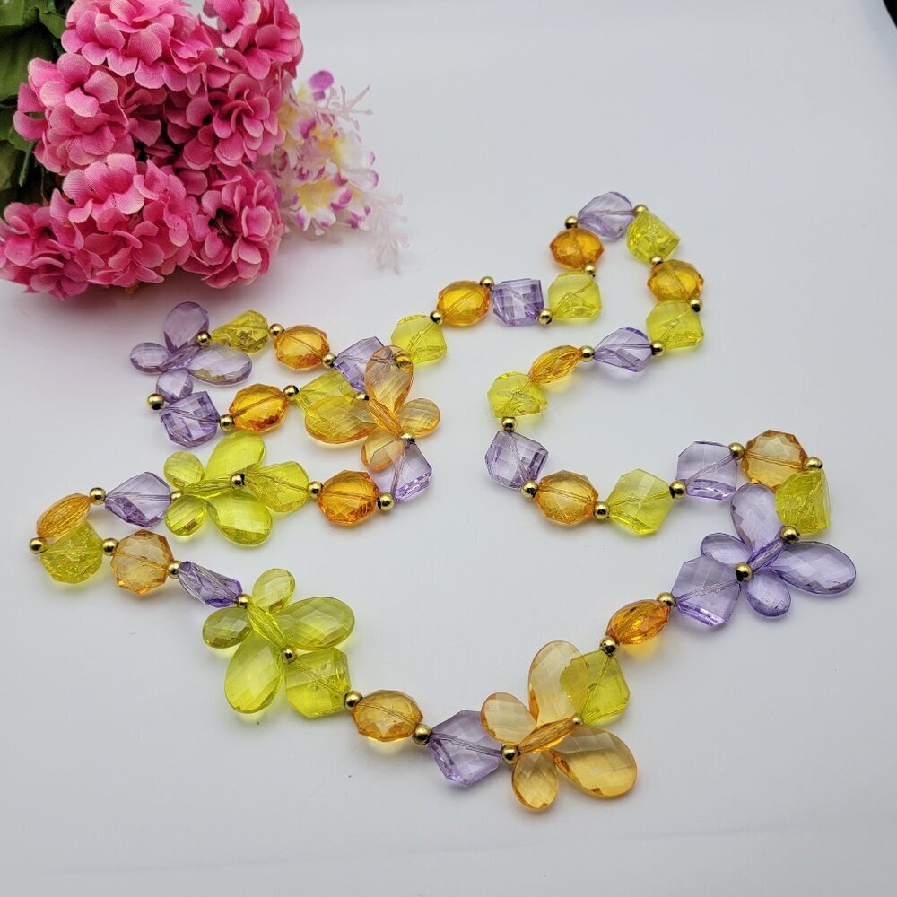 Colorful Acrylic Butterfly Necklace Translucent Faceted Chain Link Gold Tone 39"